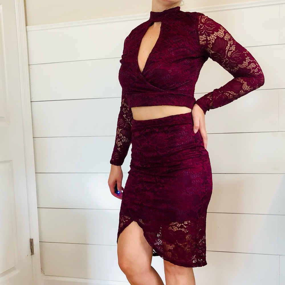 Charlotte Russe Long Sleeve Maroon Lace Coord Set